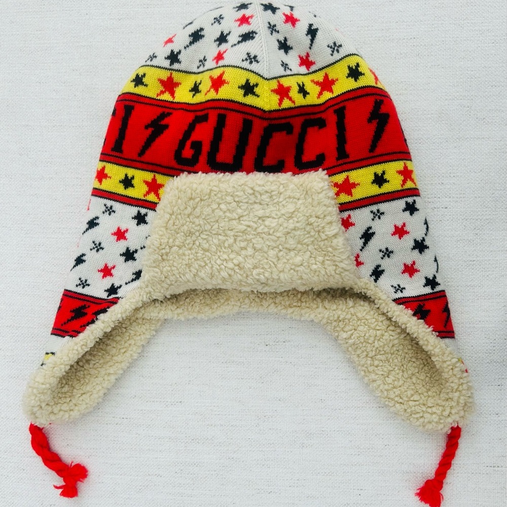 Gucci Kids Red White and Yellow Wool Trapper Hat